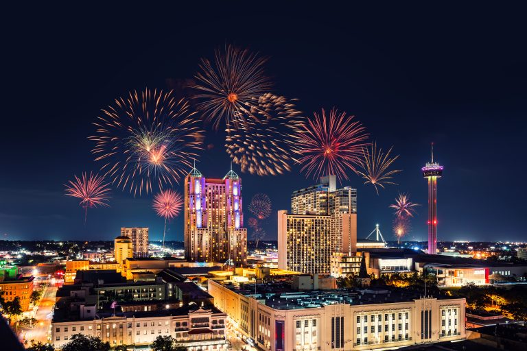 San Antonio, Texas cityscape with fireworks